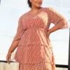 Pleione Plus Size Womens Red Floral Tier Layered Chiffon Dress