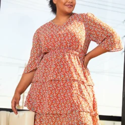 Pleione Plus Size Womens Red Floral Tier Layered Chiffon Dress