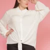 Pleione Plus Size Pleated Tie Hem Button Down Blouse