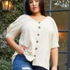 Pleione Plus Size Puff Shoulder Button Down Blouse