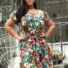 Pleione Plus Size Tropical Off Shoulder Button Down Dress