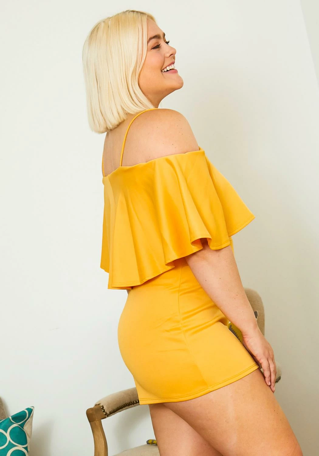 Asoph Plus Size Womens Off Shoulder Yellow Layered Ruffle Romper 3 Asoph Plus Size Womens Off Shoulder Yellow Layered Ruffle Romper - Image 3