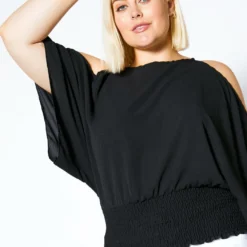 Asop Plus Size Cold Shoulder Womens Ruched Blouse