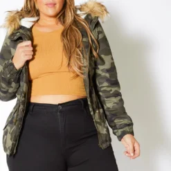 Asoph Plus Size Womens Faux Fur Trim Camo Puffer Jacket