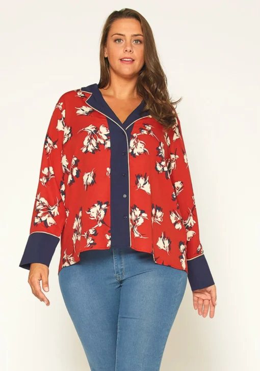 Pleione Floral Navy Contrast Pajama Blouse -Radiant Drape Sales 2011297 249 0