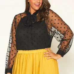 Pleione Plus Size Polkadot Mesh Blouse With Cami