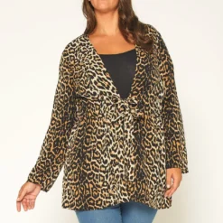 Pleione Plus Size Leopard Tie Front Top