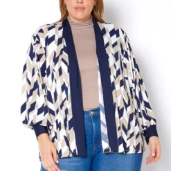 Pleione Plus Size Geo Print Open Front Cardigan