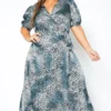 Pleione Plus Size Satin Leopard Wrap Maxi Dress
