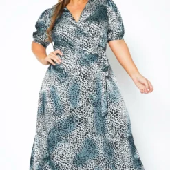 Pleione Plus Size Satin Leopard Wrap Maxi Dress