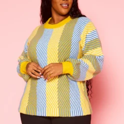 Pleione Plus Size Multi Stripe Cozy Crewneck Sweater -Radiant Drape Sales 2012142 105 7