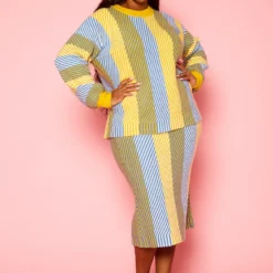 Pleione Plus Size Multi Stripe Midi Knit Skirt