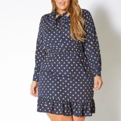 Pleione Plus Size Polka Dot Tie Neck Dress