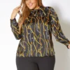 Pleione Plus Size Chained Print Scarf Tie Blouse