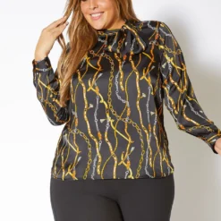 Pleione Plus Size Chained Print Scarf Tie Blouse