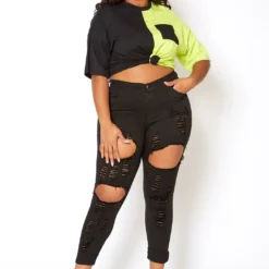 Vibrant Plus Size Stripe Distressed Black Denim Skinny Jean 10 Vibrant Plus Size Stripe Distressed Black Denim Skinny Jean -Radiant Drape Sales 2013643 001 1