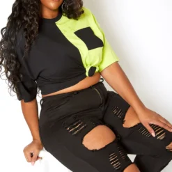 Vibrant Plus Size Stripe Distressed Black Denim Skinny Jean