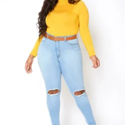 Vibrant Plus Size Classic Light Blue Washed Knee Rip Denim Jeans -Radiant Drape Sales 2013653 940 0