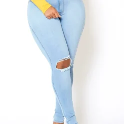 Vibrant Plus Size Classic Light Blue Washed Knee Rip Denim Jeans -Radiant Drape Sales 2013653 940 4