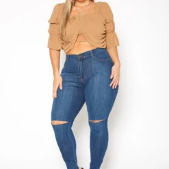 Vibrant Plus Size Medium Washed Knee Rip Denim Jean