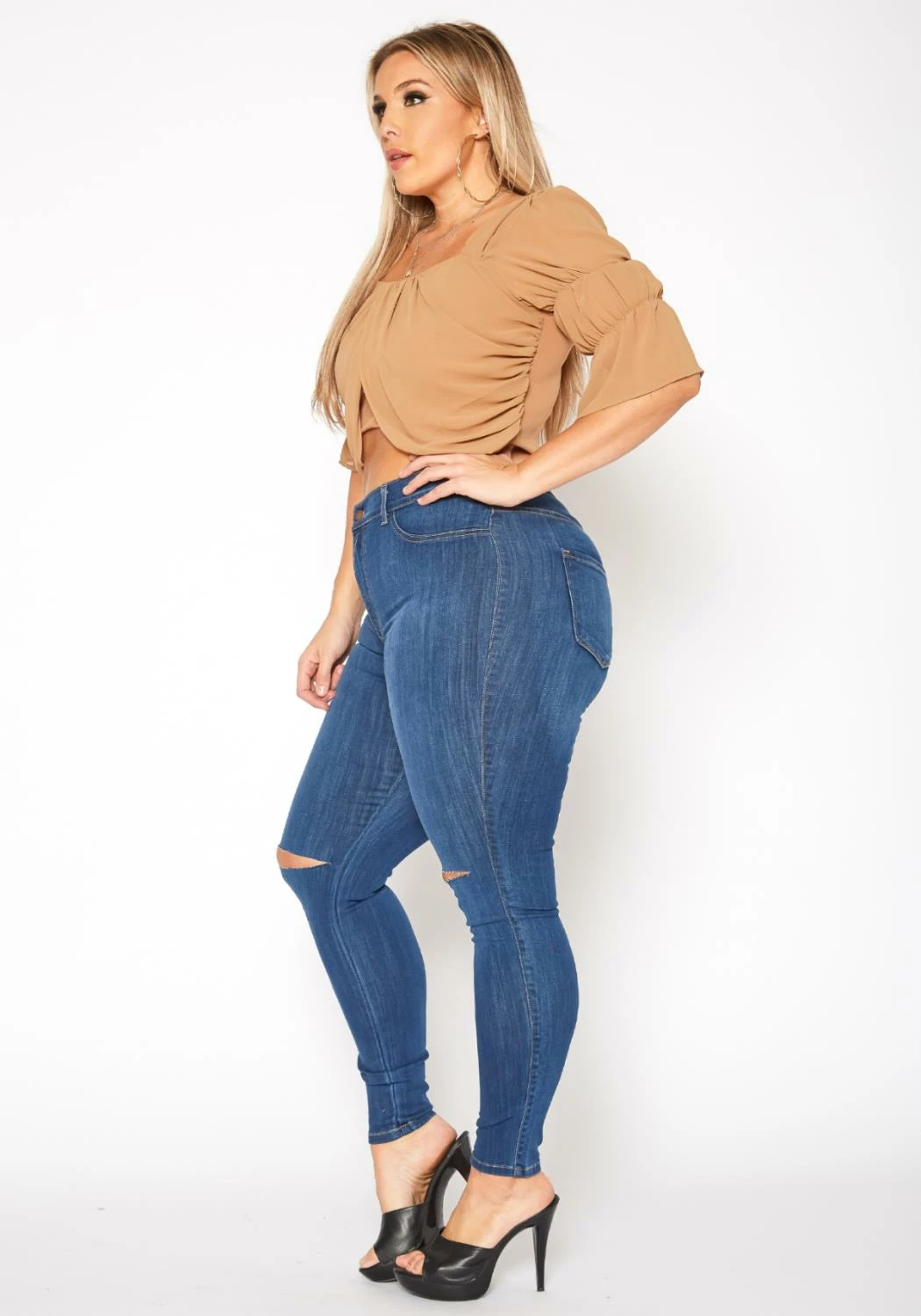 Vibrant Plus Size Medium Washed Knee Rip Denim Jean 3 Vibrant Plus Size Medium Washed Knee Rip Denim Jean - Image 3