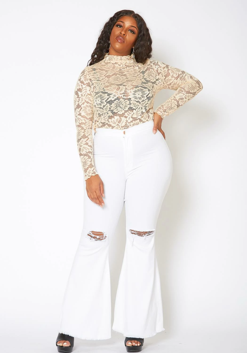 Vibrant Plus Size Knee Distressed Retro Bell Bottom Jean 1 Vibrant Plus Size Knee Distressed Retro Bell Bottom Jean