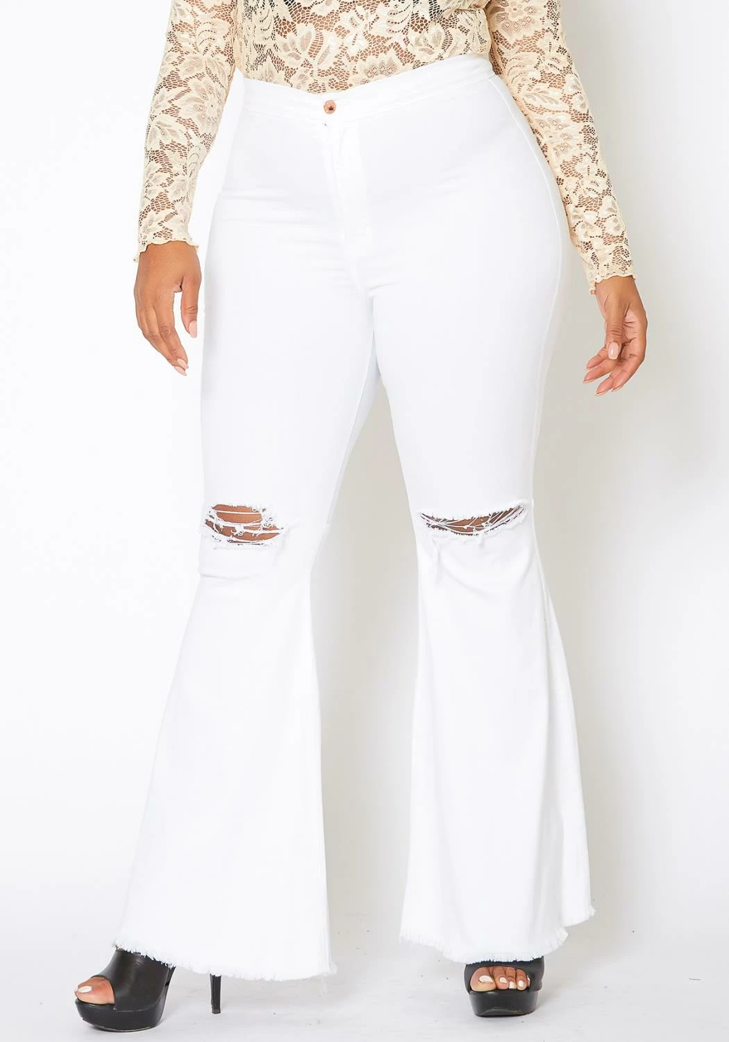 Vibrant Plus Size Knee Distressed Retro Bell Bottom Jean 2 Vibrant Plus Size Knee Distressed Retro Bell Bottom Jean - Image 2