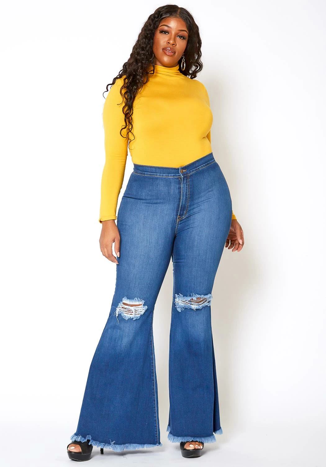 Vibrant Plus Size Knee Distressed Retro Bell Bottom Jean 2 Vibrant Plus Size Knee Distressed Retro Bell Bottom Jean - Image 2