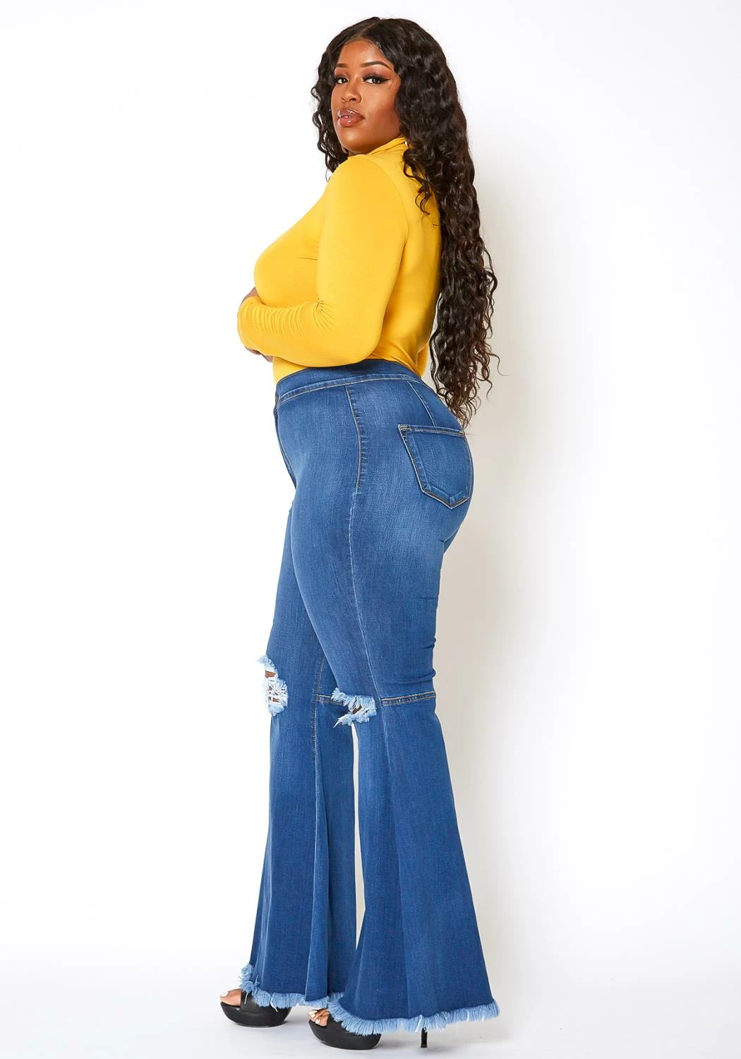 Vibrant Plus Size Knee Distressed Retro Bell Bottom Jean 3 Vibrant Plus Size Knee Distressed Retro Bell Bottom Jean - Image 3