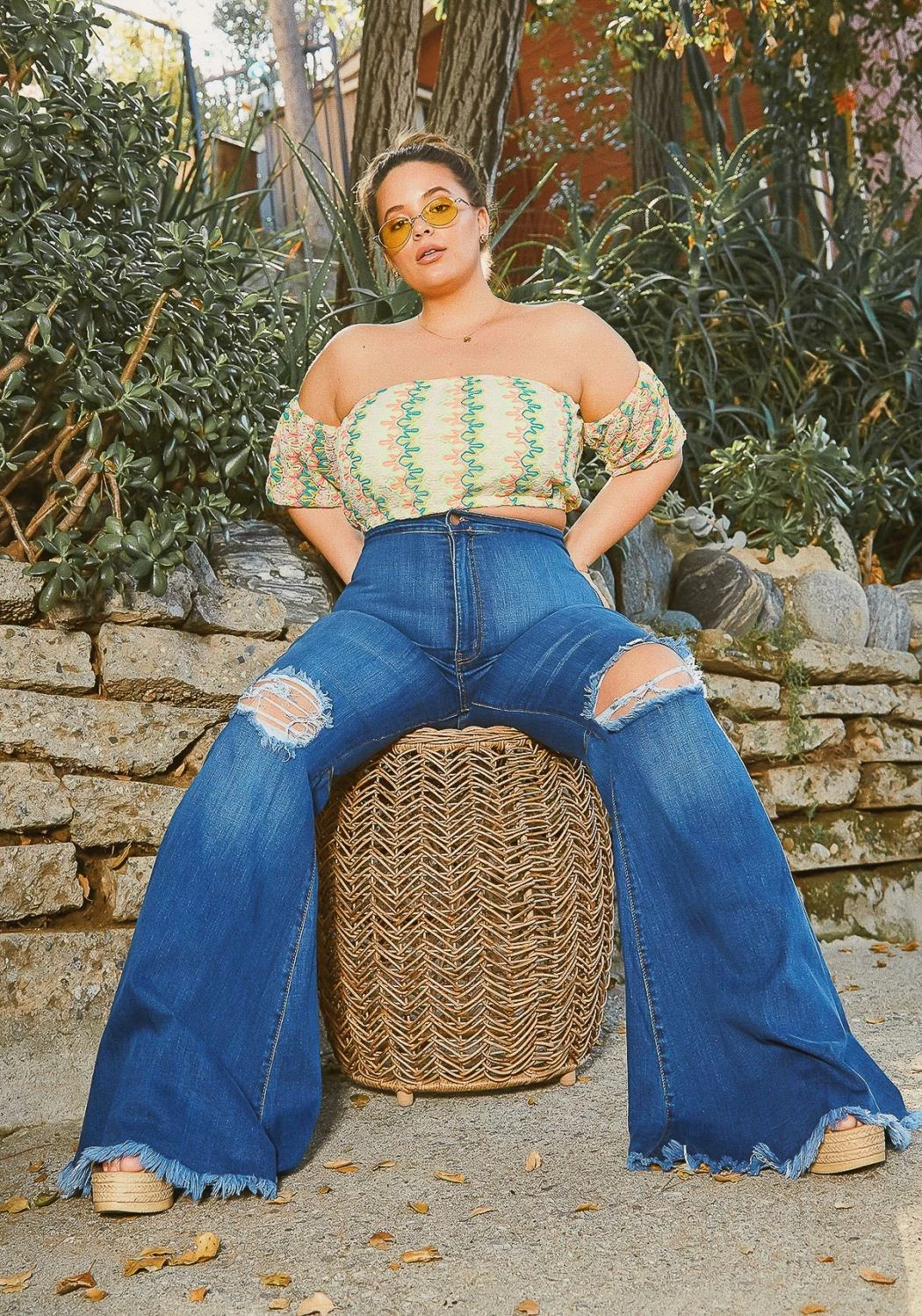 Vibrant Plus Size Knee Distressed Retro Bell Bottom Jean 1 Vibrant Plus Size Knee Distressed Retro Bell Bottom Jean