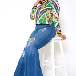 Vibrant Plus Size Bell Bottom Distressed Denim Jeans