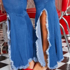 Vibrant Plus Size Blue Washed 90s Bell Bottom Fringe Slit Jean -Radiant Drape Sales 2013674 938 4