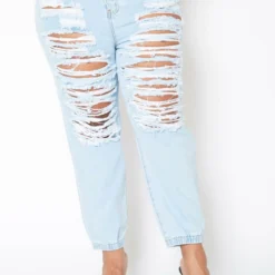 Vibrant Plus Size Light Wash Destroyed Boyfriend Jeans