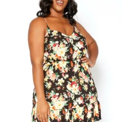 Asoph Plus Size Floral Print Crosslace Back Mini Dress