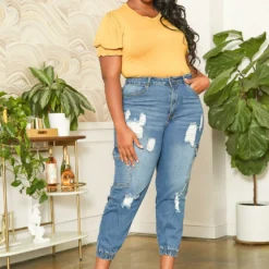 Asoph Plus Size Distressed Denim Cargo Mom Jeans