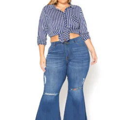 Vibrant Plus Size Medium Denim Raw Hem Distressed Jean