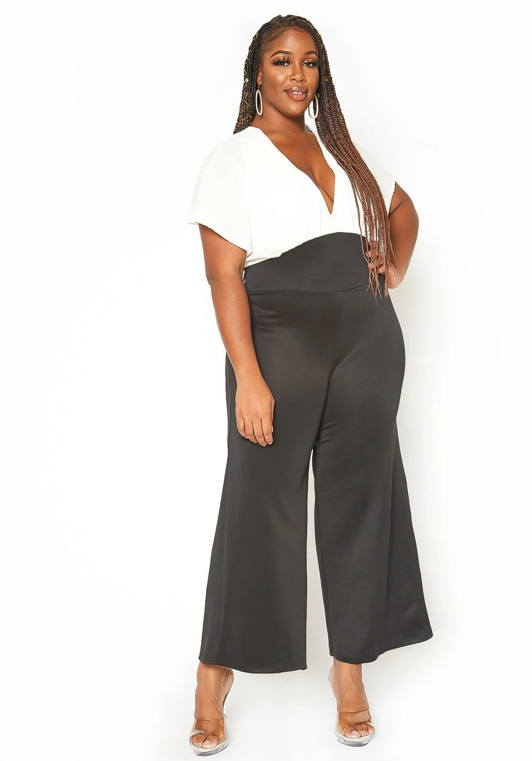 Asoph Plus Size Ribbed Knit Contrast Angel Sleeve Jumpsuit 2 Asoph Plus Size Ribbed Knit Contrast Angel Sleeve Jumpsuit - Image 2