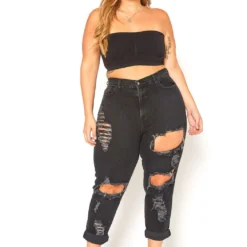 Vibrant Plus Size Distressed Raw Hem Mom Jeans