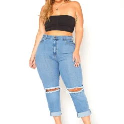 Vibrant Plus Size Ripped Knee High Rise Mom Jean