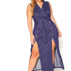 Asoph Plus Size Double Slit Denim Maxi Dress