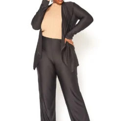 Asoph Plus Size Open Front Cardigan & Straight Pants Set
