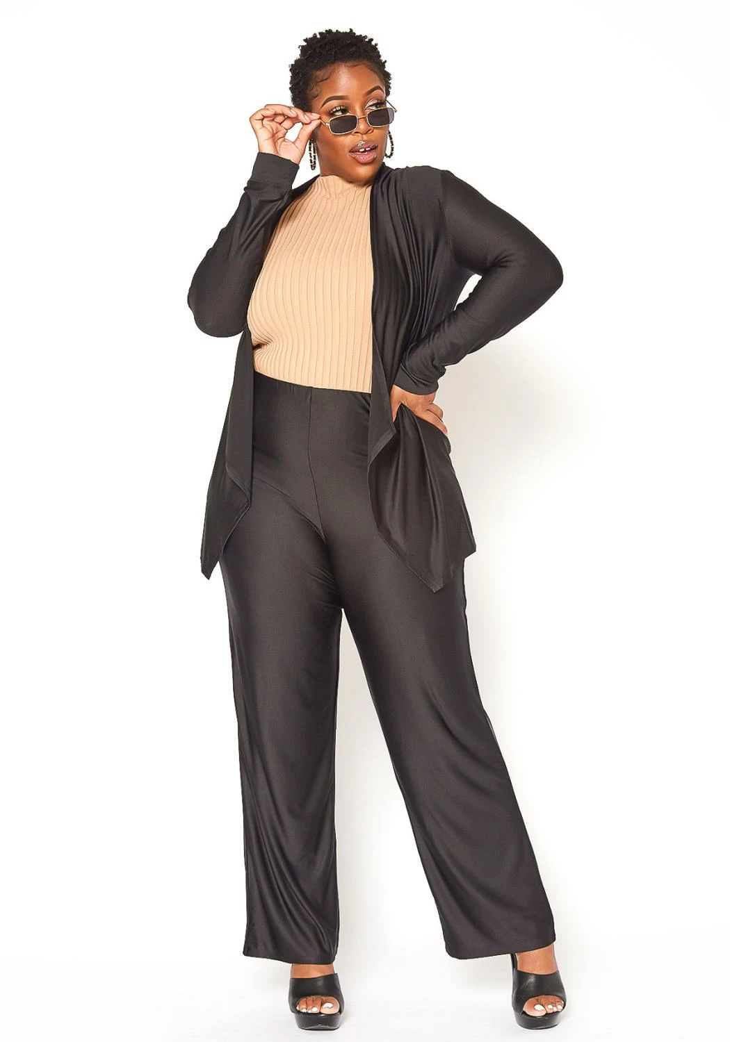 Asoph Plus Size Open Front Cardigan & Straight Pants Set 1 Asoph Plus Size Open Front Cardigan & Straight Pants Set