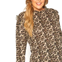 Asoph Plus Size Leopard Print Ruffle Knit Top
