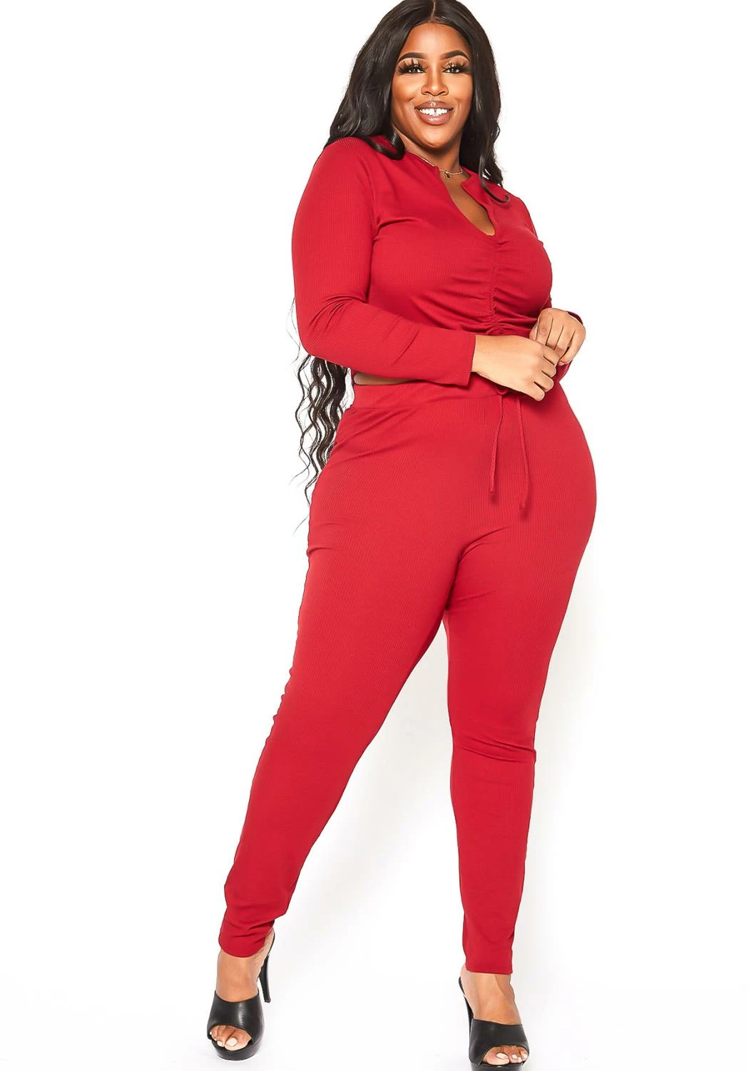 Asoph Plus Size Ruched Drawstring Crop Top & Leggings Set 2 Asoph Plus Size Ruched Drawstring Crop Top & Leggings Set - Image 2