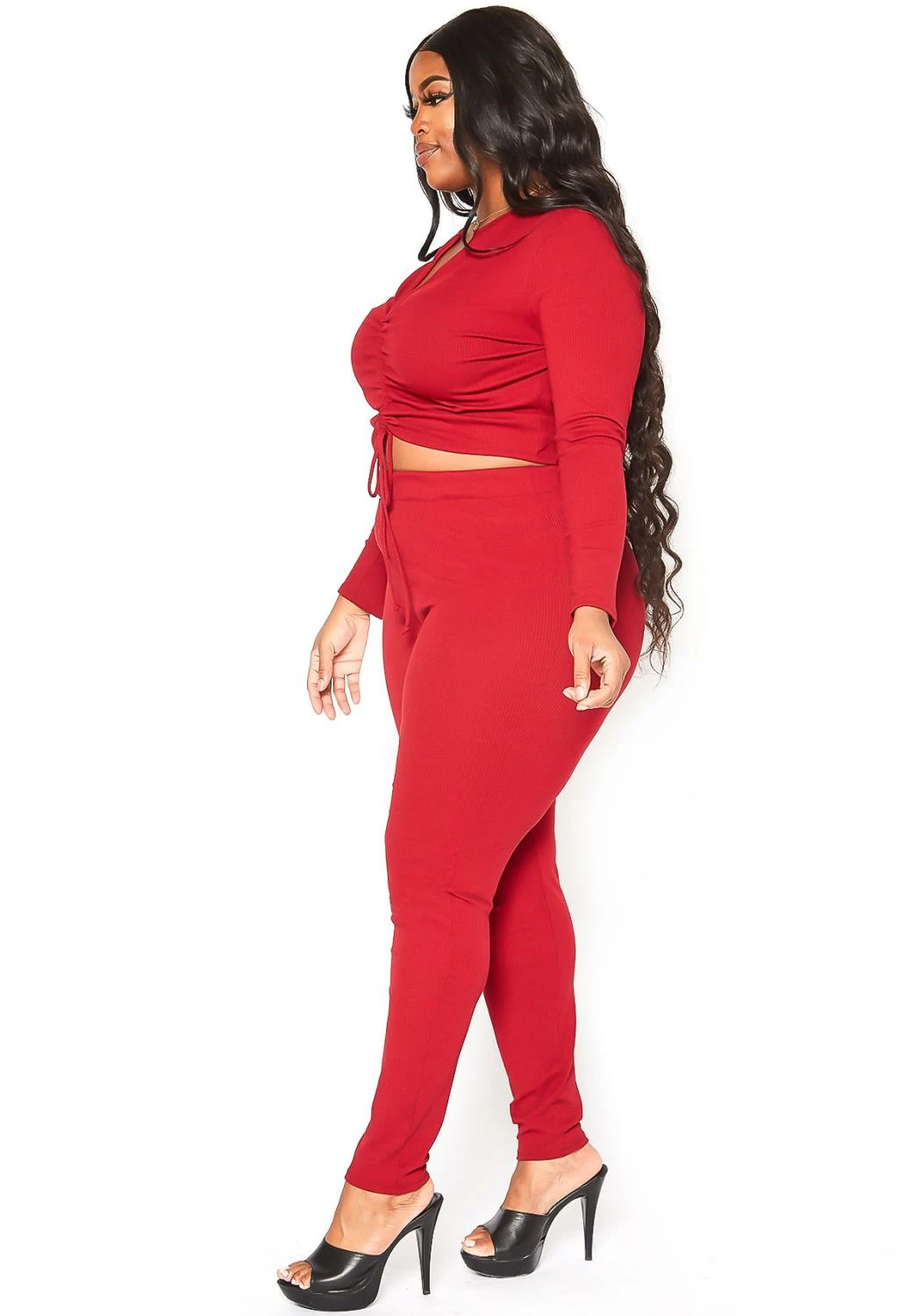 Asoph Plus Size Ruched Drawstring Crop Top & Leggings Set 3 Asoph Plus Size Ruched Drawstring Crop Top & Leggings Set - Image 3