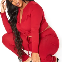 Asoph Plus Size Ruched Drawstring Crop Top & Leggings Set