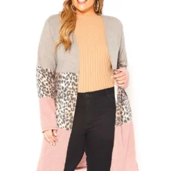 Asoph Plus Size Leopard Color Block Open Front Longline Cardigan