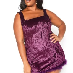 Asoph Plus Size Crushin Velvet Fuzzy Trim Mini Cami Dress
