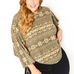 Asoph Plus Size Aztec Print Dolman Sleeve Hooded Sweater