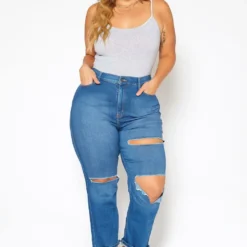 Vibrant Plus Size Distressed Vintage Denim Mom Jean